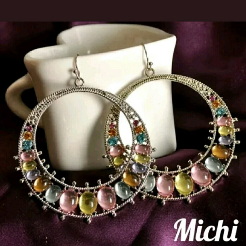 Colorful circle hanging earrings Rhodium plated